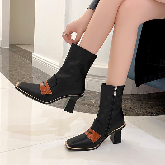 Botas de Cuero Retro con Tacón Grueso y Punta Cuadrada - Image 9