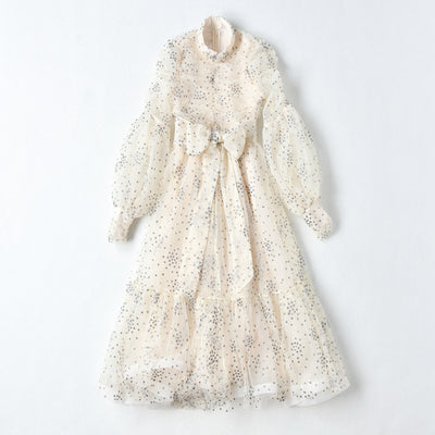 Vestido Slim Elegante con Estampado de Seda y Malla Brillante - Image 9