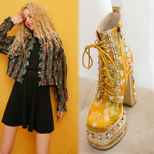 Botas Martin Plataforma Ultra Tacón Alto con Remaches y Seda