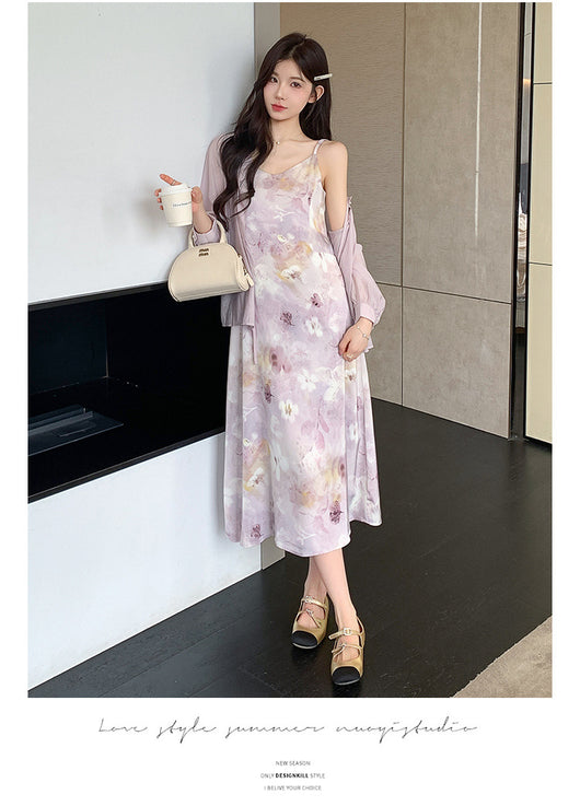 Conjunto Dos Piezas: Vestido Slip Estampado Morado con Cardigan Suave - Image 23