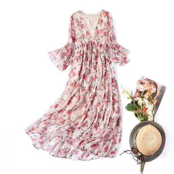 Vestido Elegante de Seda con Encaje y Escote en V - Image 4