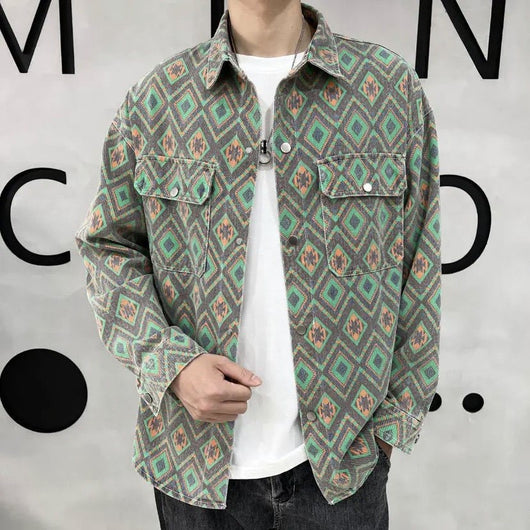 Chaqueta Vaquera Delgada Estampado Flor de Anacardo - Camisa Versátil para Hombre - Image 3