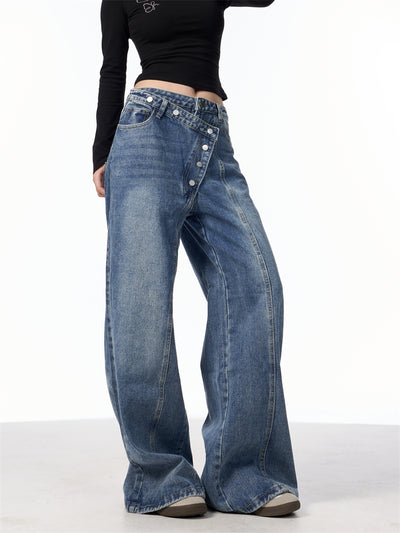 Pantalones Vaqueros Rectos Azules Cintura Alta Pierna Ancha Efecto Desgastado - Image 18
