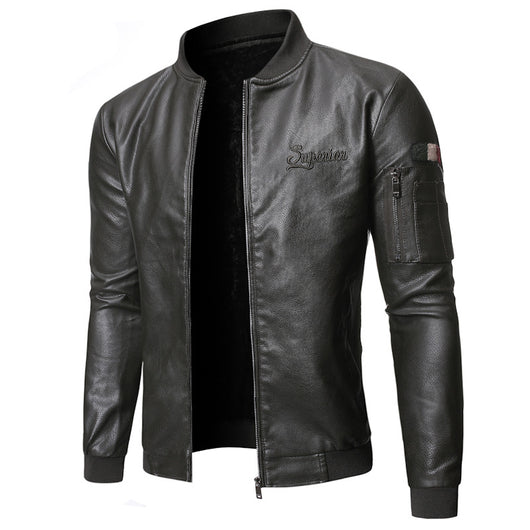 Chaqueta de Cuero Lavado para Hombre con Cuello Tipo Smoking - Image 3