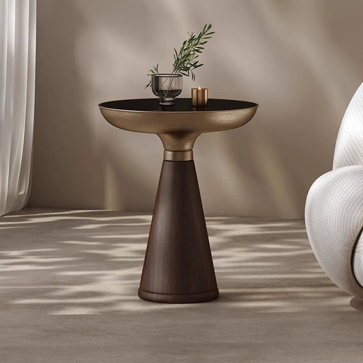 Mesa Auxiliar Redonda de Cristal Templado con Base de Madera Maciza - Diseño Moderno Lujo - Image 3