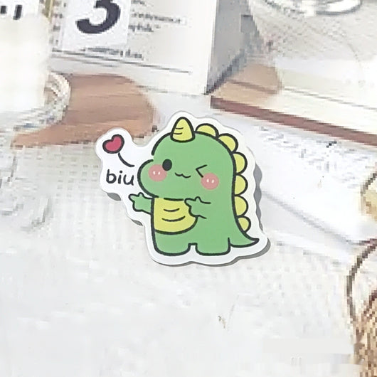Cute green cartoon dinosaur acrylic badge brooch with a shy expression and small spikes on its back. - Image 27