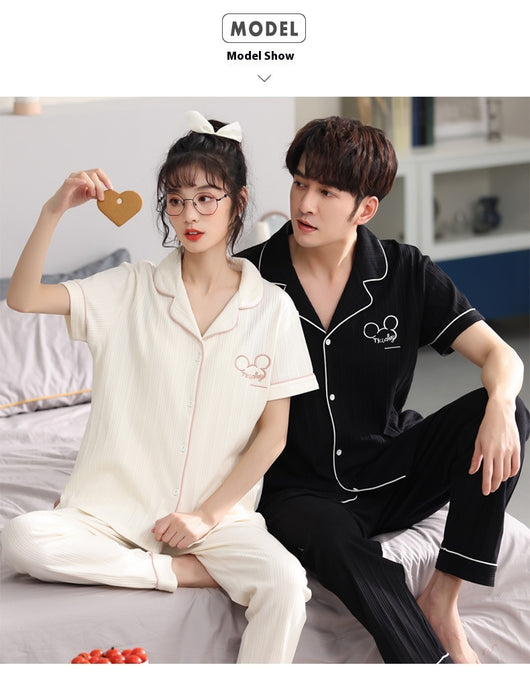 Matching red cotton couple pajamas with short sleeves, long pants, gold piping, and "Love you Dnaw" embroidery. - Image 13