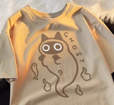 Camiseta de Algodón Puro Holgada con Diseño Fantasma Gato Transparente - Image 4