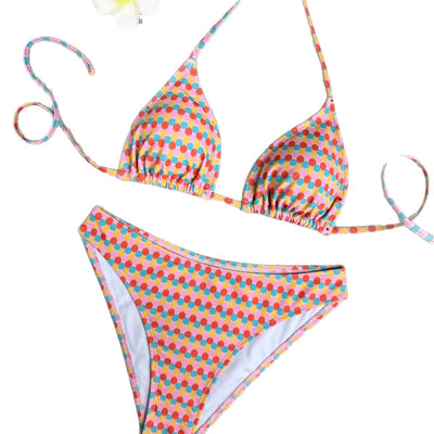 Colorful polka dot triangle-bra bikini swimsuit set with pink, yellow, orange, and blue dots. - Image 5