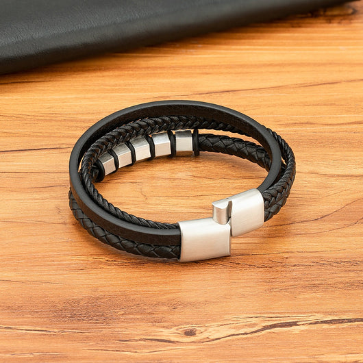 Pulsera de Cuero Trenzado Multicapa para Hombre con Acero Inoxidable - Image 3