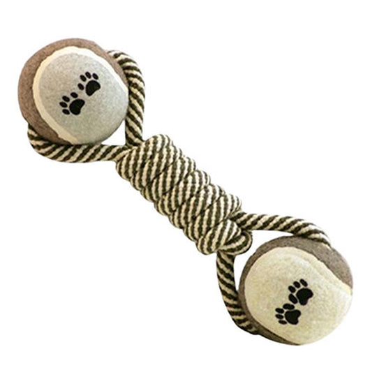 Braided rope dog chew toy with two tennis balls featuring paw prints, shown with a dog holding a similar toy. - Image 10