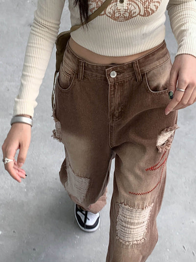 Pantalones Rectos Cintura Alta Efecto Reductor con Rotos - Image 2