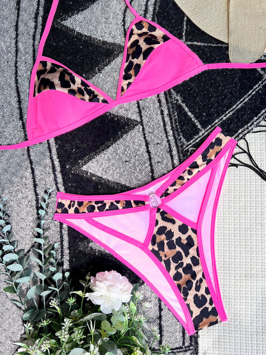 Women's hot pink and leopard print bikini with triangle top and strappy high-cut bottom, poolside. - Image 3