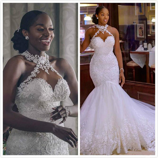 Vestido de Novia Sirena Encaje Vintage con Cuello Transparente y Detalles de Perlas - Image 10