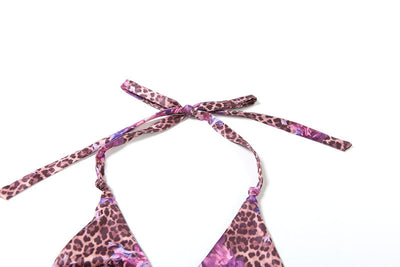 Three-piece bikini set with a brown leopard and pink floral print halter top, matching bottom, and ruched mini skirt. - Image 25