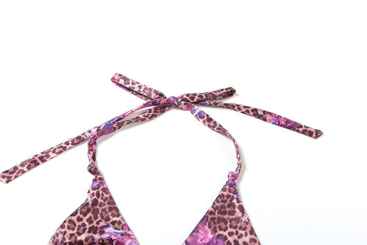 Three-piece bikini set with a brown leopard and pink floral print halter top, matching bottom, and ruched mini skirt. - Image 25