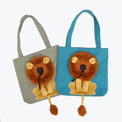 Grey soft pet carrier with a lion design, featuring a plush mane, ears, paws, and tail, and a drawstring opening. - Image 15