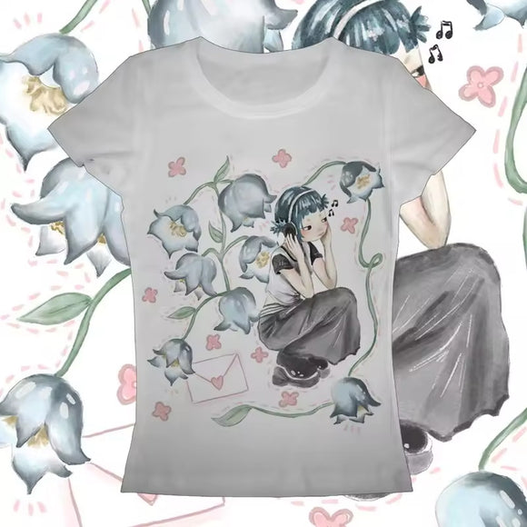 Playera Retro Estampada Cuello Redondo Manga Corta para Mujer