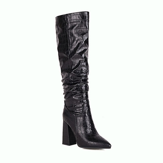Botas Altas de Tacón Cuadrado con Punta Afilada y Cuero Grabado