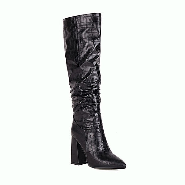 Botas Altas de Tacón Cuadrado con Punta Afilada y Cuero Grabado