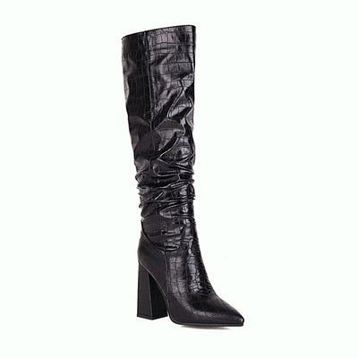 Botas Altas de Tacón Cuadrado con Punta Afilada y Cuero Grabado