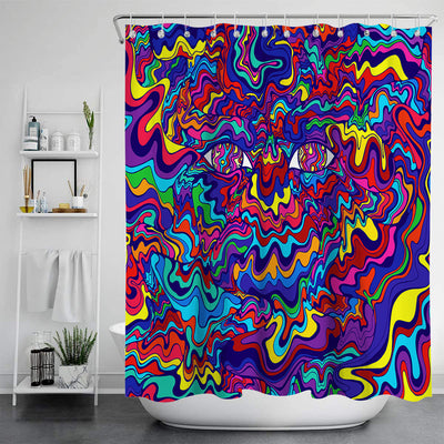 Vibrant psychedelic shower curtain with an abstract digital print featuring an elephant head and cannabis leaves in bright colors. - Image 2