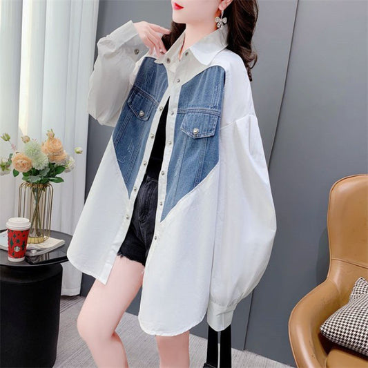 Camisa Denim Holgada con Patchwork a Rayas - Estilo Casual y Desenfadado