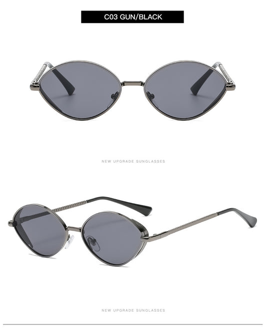 Oval women's sunglasses with dark gray lenses and a gunmetal metal frame, featuring textured temples. - Image 7