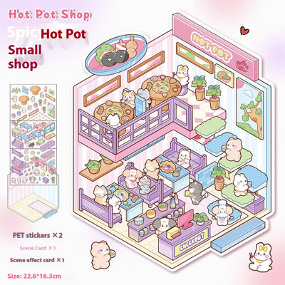 Diy Notebook Decompression Stacking Miniature Sticker set featuring a cute cartoon hot pot shop scene with animal characters. - Image 24