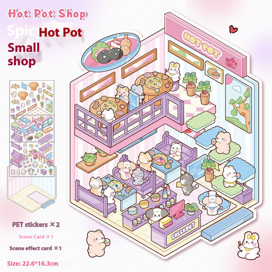 Diy Notebook Decompression Stacking Miniature Sticker set featuring a cute cartoon hot pot shop scene with animal characters. - Image 24