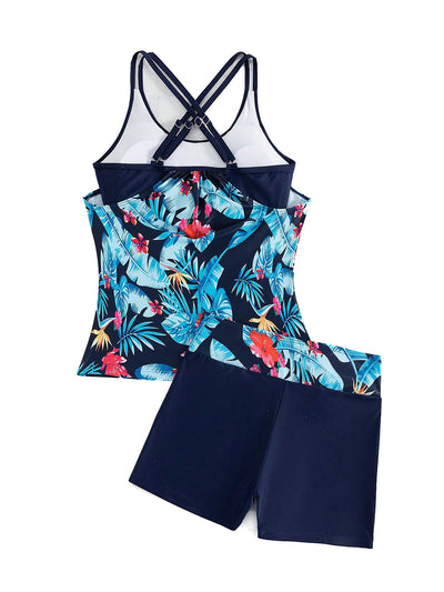 Women's light green high-waisted tankini swimsuit with tropical floral print top and solid swim shorts. - Image 11