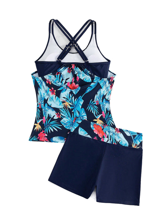 Women's light green high-waisted tankini swimsuit with tropical floral print top and solid swim shorts. - Image 11