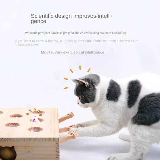 Wooden cat whack-a-mole toy with three plush mouse toys and paw-shaped pushers, measuring 21cm by 28cm. - Image 5