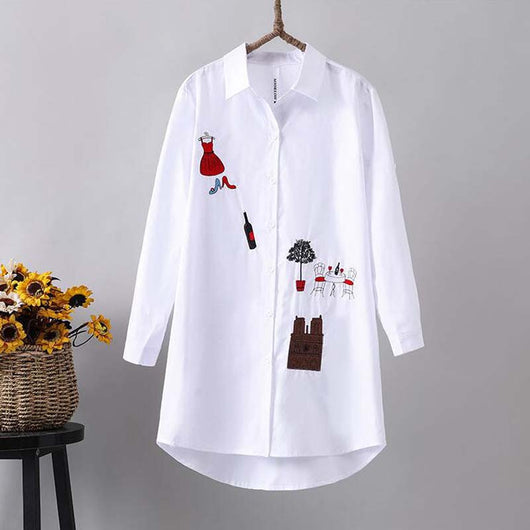 Camisa de Algodón Puro con Bordado Literario para Mujer - Diseño Coreano Holgado de Manga Larga - Image 2
