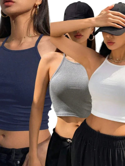Set of 3 Women's Basic Halter Tops - Versatile Crop Cut