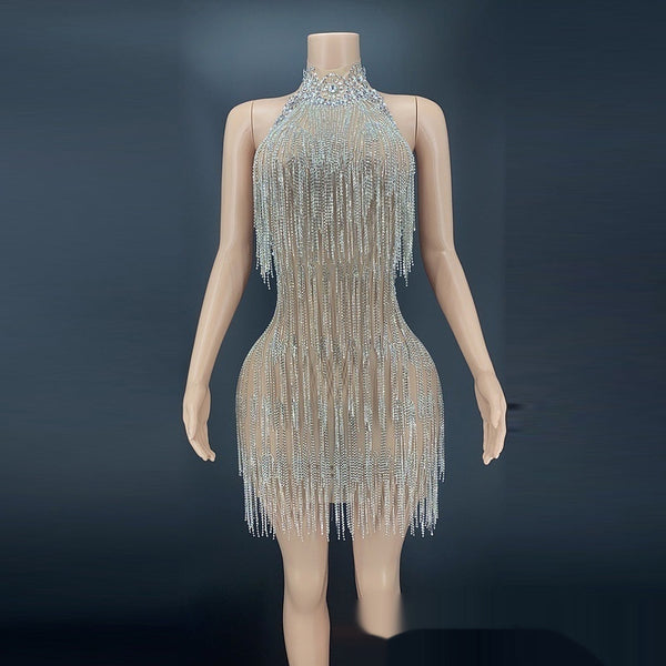 Vestido de Vacaciones Espalda Descubierta con Detalles de Diamantes - Image 6