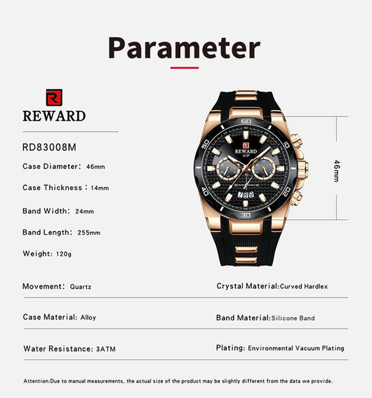 Reloj para Hombre REWARD Negro y Dorado con Diseño Moderno y Calendario - Image 12