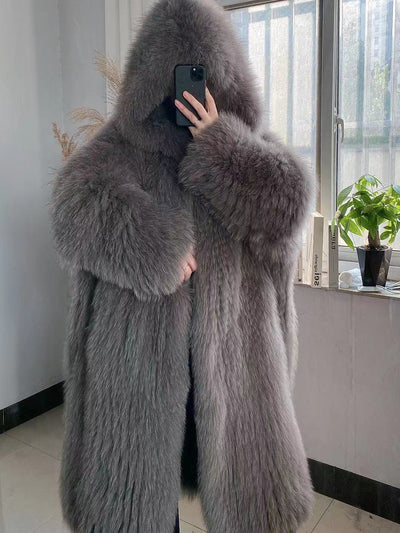 Abrigo de Piel de Zorro Gris Trenzado con Capucha - Largo Holgado - Image 8