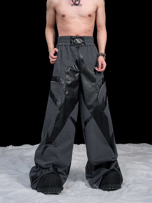 Pantalones Deportivos de Cuero Patchwork para Hombre - Corte Recto Oversize con Logo - Image 2