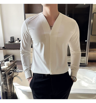 Camisa de Cuello V Manga Larga con Textura Waffle para Hombre - Image 13