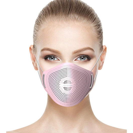 Light blue dust mask with perforated design and central breathing valve, worn by a woman. - Image 6