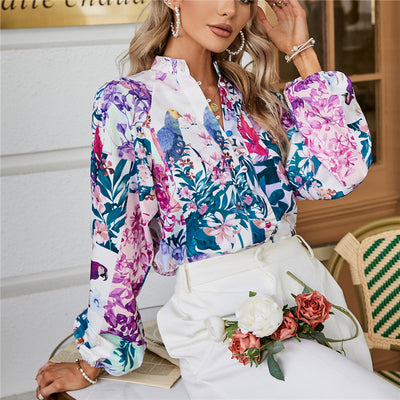 Blusa Estampada con Cuello Mao y Mangas Globo