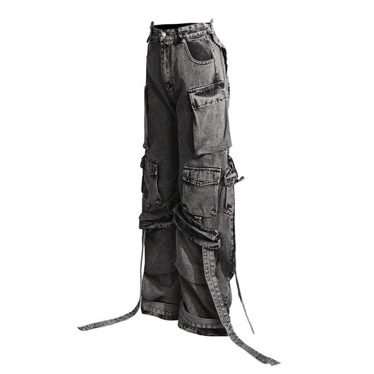 Pantalón Cargo Denim con Diseño de Cinta Decorativa y Bolsillos Múltiples - Image 3