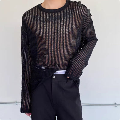 Playera Manga Larga Hombre Diseño Hombro Descubierto con Detalles de Cuero - Image 10