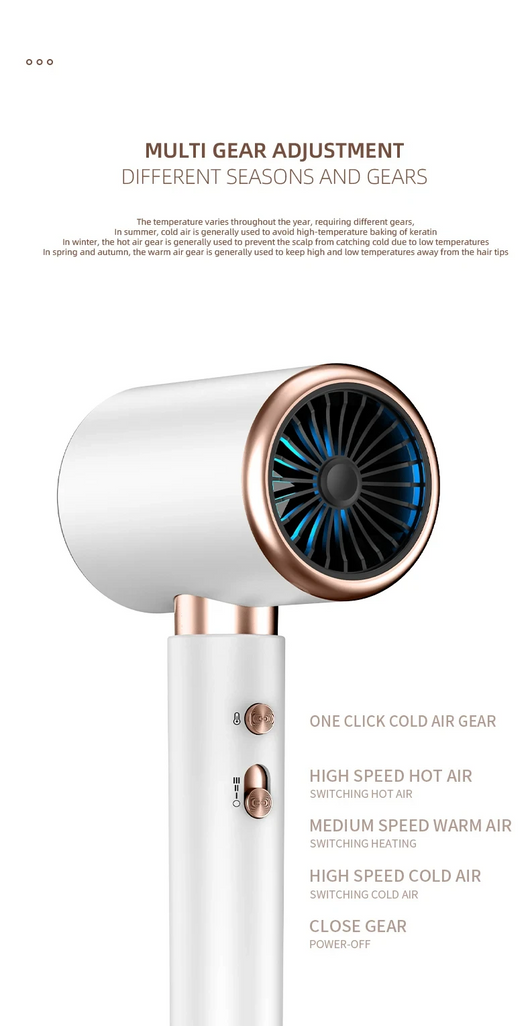 White professional hair dryer with rose gold accents, blue fan, and two control buttons, shown with a US 110V plug and a 360-degree rotating air collector nozzl - Image 40
