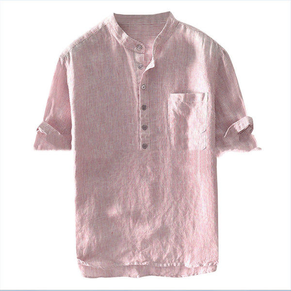 Camisa Casual de Hombre con Cuello Alzado y Rayas Lavadas