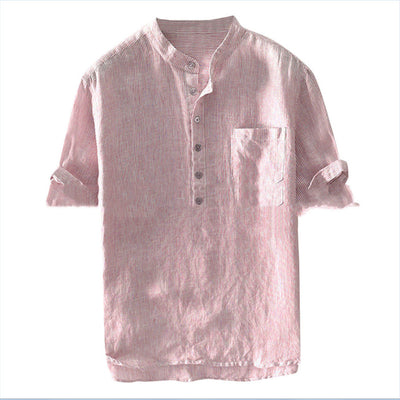Camisa Casual de Hombre con Cuello Alzado y Rayas Lavadas