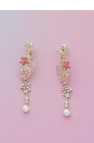 Aretes Mariposa Floral Desmontables con Circonitas Multicolor y Perla - Image 15