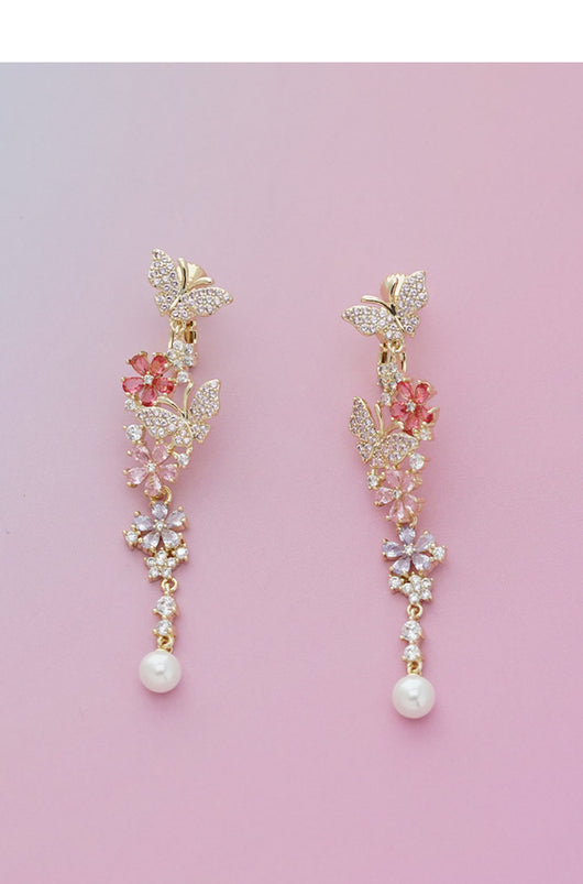Aretes Mariposa Floral Desmontables con Circonitas Multicolor y Perla - Image 15