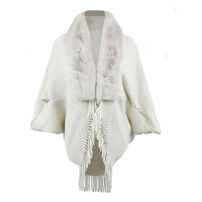 Capa Abrigo Tejida con Cuello de Piel y Borlas para Mujer - Image 5